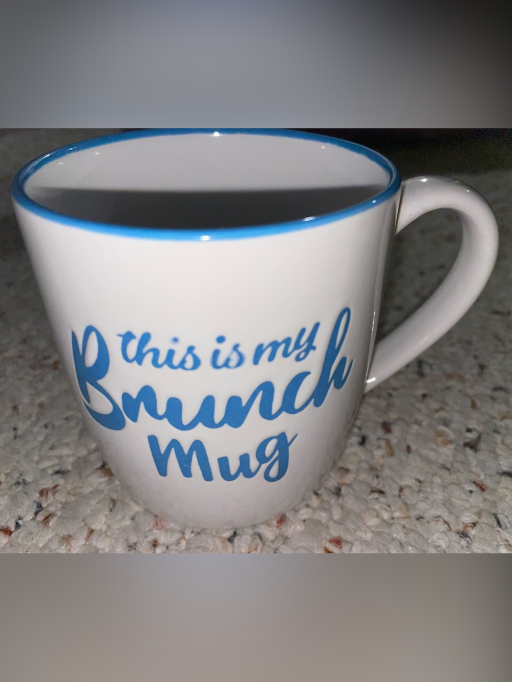 White Ceramic Brunch Mug with Blue Script and Rim
